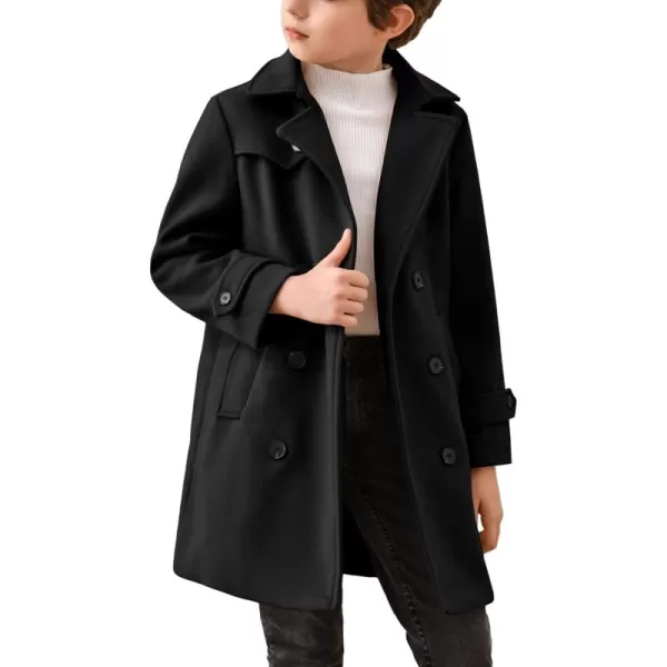 Haloumoning Boys Double Breasted Peacoat Notched Lapel Collar Wool Blend Long Coat with Pockets