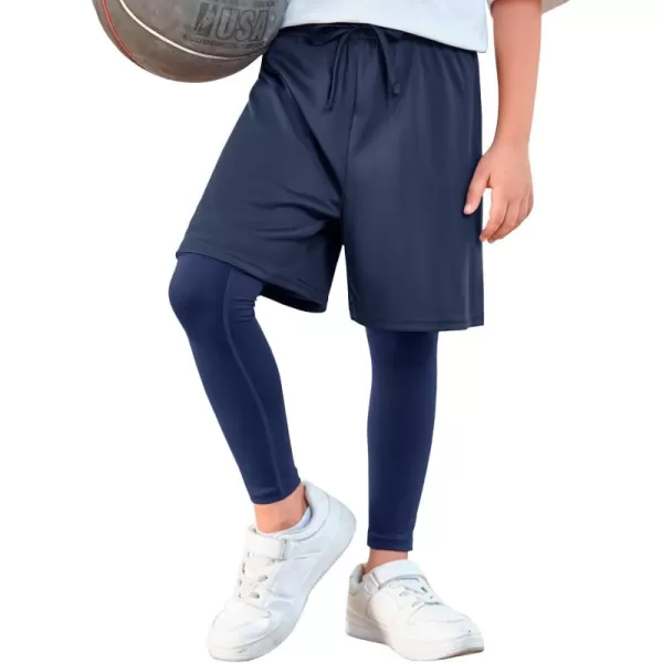 Haloumoning Boys Sports Leggings with Shorts Kids 2 in 1 Running Workout Athletic Legging Pants 5-14 Years