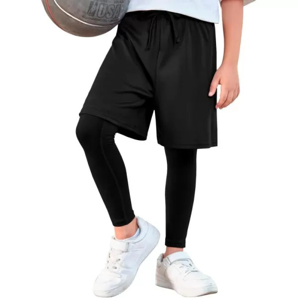 Haloumoning Boys Sports Leggings with Shorts Kids 2 in 1 Running Workout Athletic Legging Pants 5-14 Years