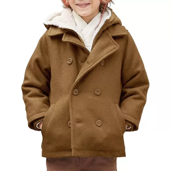 Haloumoning Boys Wool Blend Winter Coat Notched Collar Double Breasted Hooded Pea Coat Warm Outwear