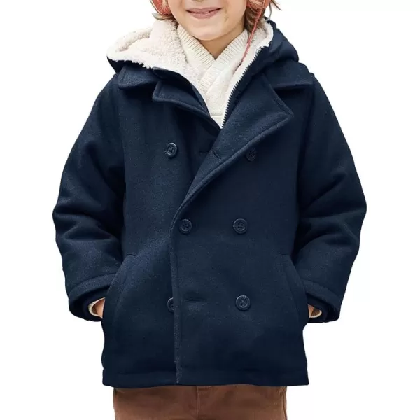 Haloumoning Boys Wool Blend Winter Coat Notched Collar Double Breasted Hooded Pea Coat Warm Outwear