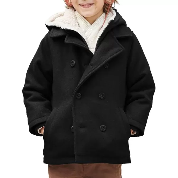 Haloumoning Boys Wool Blend Winter Coat Notched Collar Double Breasted Hooded Pea Coat Warm Outwear