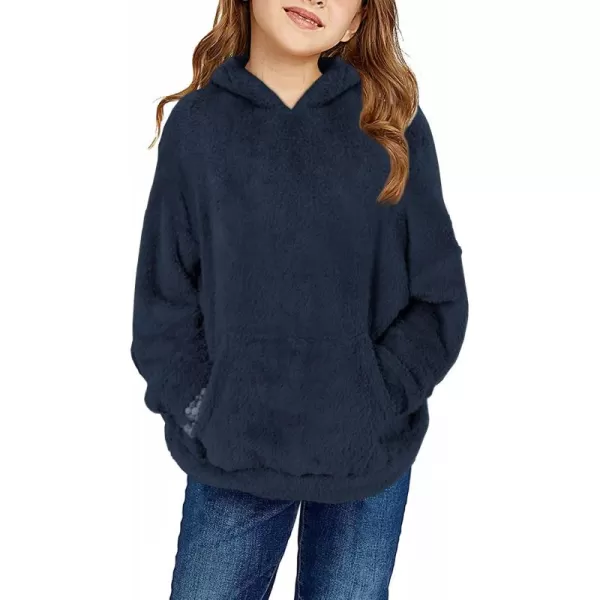 Haloumoning Girls Fuzzy Fleece Pullover Hoodies Sweatshirt Casual Loose Outwear Coat with Pockets 4-15 Years