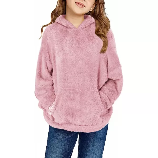 Haloumoning Girls Fuzzy Fleece Pullover Hoodies Sweatshirt Casual Loose Outwear Coat with Pockets 4-15 Years