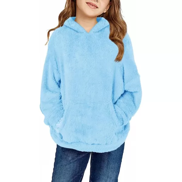 Haloumoning Girls Fuzzy Fleece Pullover Hoodies Sweatshirt Casual Loose Outwear Coat with Pockets 4-15 Years