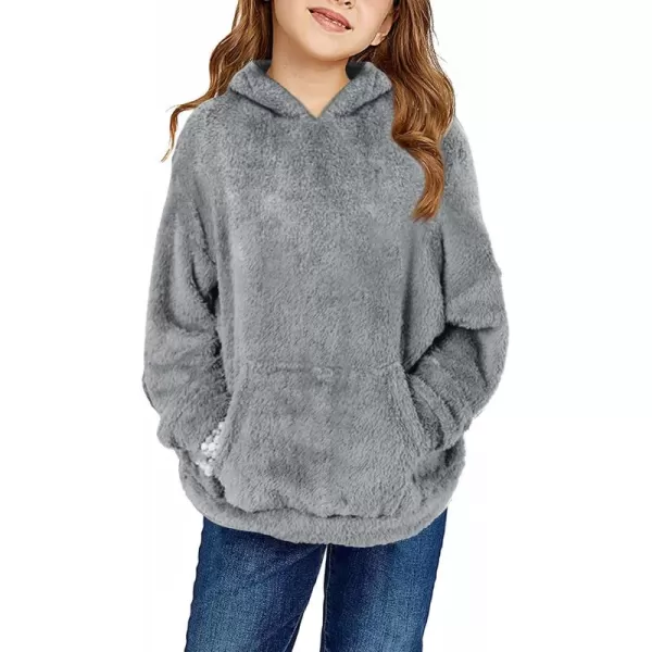 Haloumoning Girls Fuzzy Fleece Pullover Hoodies Sweatshirt Casual Loose Outwear Coat with Pockets 4-15 Years