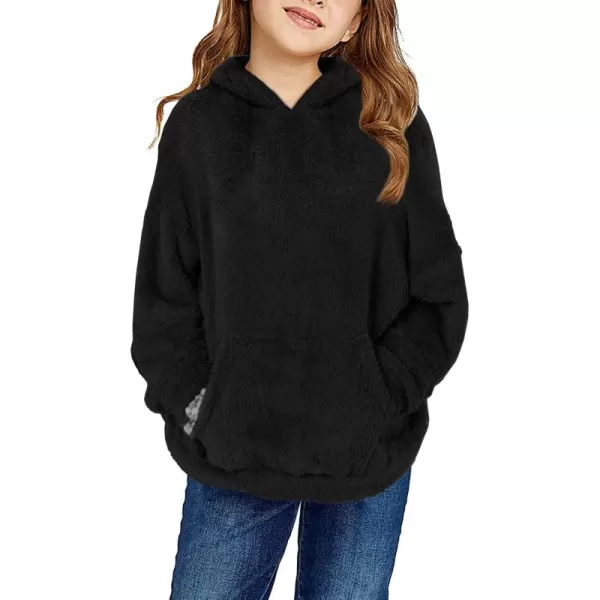 Haloumoning Girls Fuzzy Fleece Pullover Hoodies Sweatshirt Casual Loose Outwear Coat with Pockets 4-15 Years