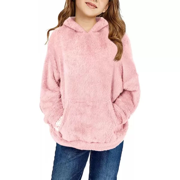 Haloumoning Girls Fuzzy Fleece Pullover Hoodies Sweatshirt Casual Loose Outwear Coat with Pockets 4-15 Years