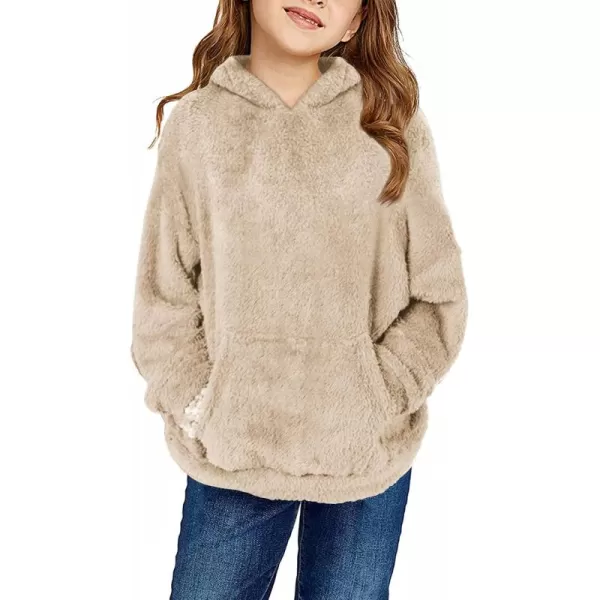Haloumoning Girls Fuzzy Fleece Pullover Hoodies Sweatshirt Casual Loose Outwear Coat with Pockets 4-15 Years