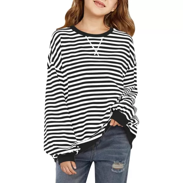 Haloumoning Girls Striped Crewneck Sweatshirt Kids Long Sleeve Oversized Fashion Pullover Tops Fall Clothes 5-14 Years
