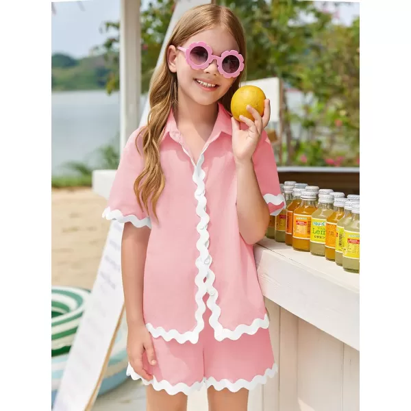 Haloumoning Girls' 2 Piece Clothing Sets Summer Short Sleeve Button Down T Shirt and Shorts Sweatsuits for 5-14 Years