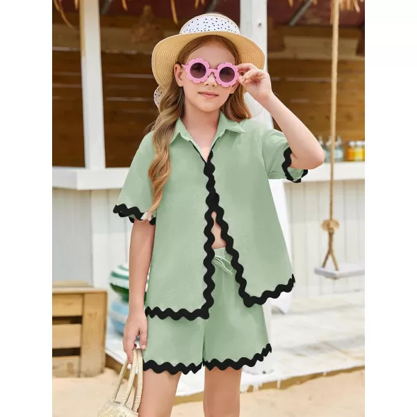 Haloumoning Girls' 2 Piece Clothing Sets Summer Short Sleeve Button Down T Shirt and Shorts Sweatsuits for 5-14 Years