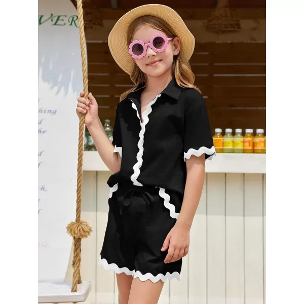 Haloumoning Girls' 2 Piece Clothing Sets Summer Short Sleeve Button Down T Shirt and Shorts Sweatsuits for 5-14 Years