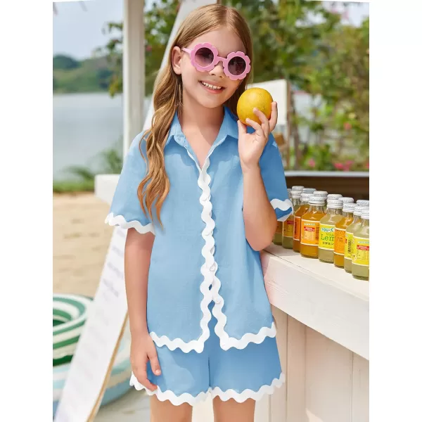 Haloumoning Girls' 2 Piece Clothing Sets Summer Short Sleeve Button Down T Shirt and Shorts Sweatsuits for 5-14 Years
