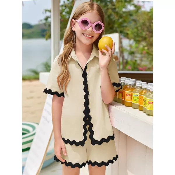 Haloumoning Girls' 2 Piece Clothing Sets Summer Short Sleeve Button Down T Shirt and Shorts Sweatsuits for 5-14 Years