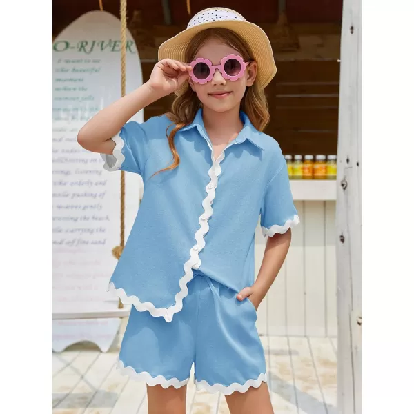 Haloumoning Girls' 2 Piece Clothing Sets Summer Short Sleeve Button Down T Shirt and Shorts Sweatsuits for 5-14 Years