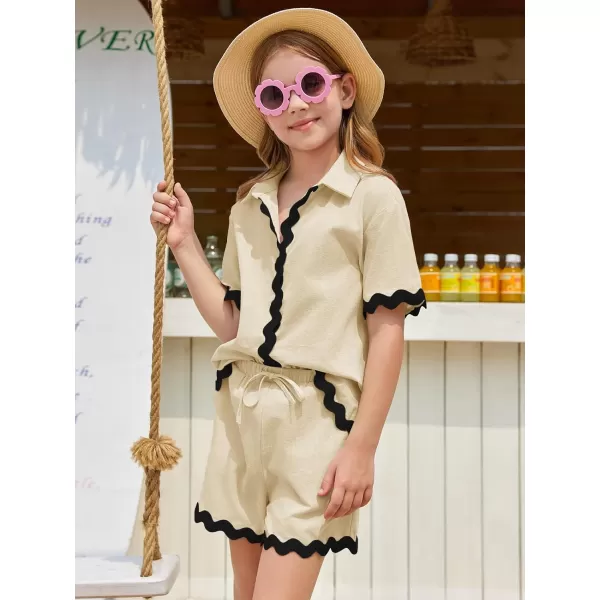 Haloumoning Girls' 2 Piece Clothing Sets Summer Short Sleeve Button Down T Shirt and Shorts Sweatsuits for 5-14 Years