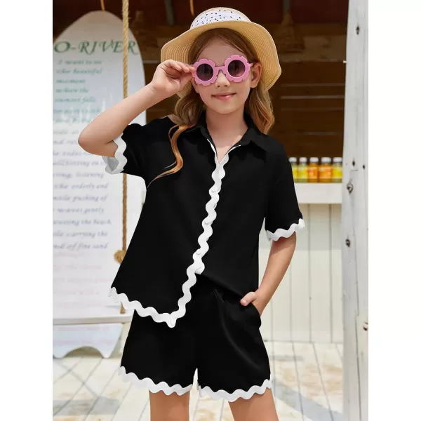 Haloumoning Girls' 2 Piece Clothing Sets Summer Short Sleeve Button Down T Shirt and Shorts Sweatsuits for 5-14 Years