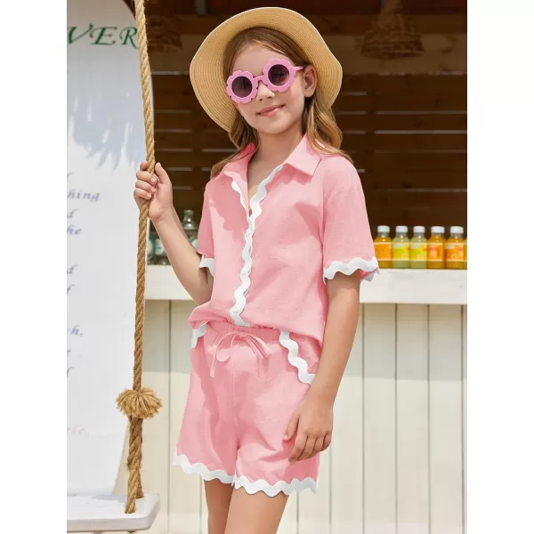 Haloumoning Girls' 2 Piece Clothing Sets Summer Short Sleeve Button Down T Shirt and Shorts Sweatsuits for 5-14 Years