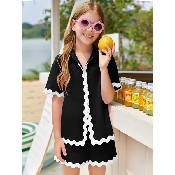 Haloumoning Girls' 2 Piece Clothing Sets Summer Short Sleeve Button Down T Shirt and Shorts Sweatsuits for 5-14 Years
