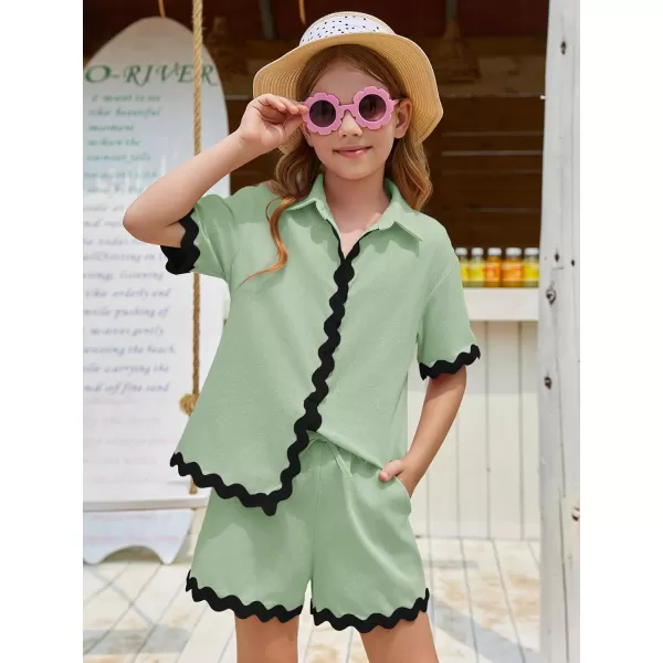 Haloumoning Girls' 2 Piece Clothing Sets Summer Short Sleeve Button Down T Shirt and Shorts Sweatsuits for 5-14 Years