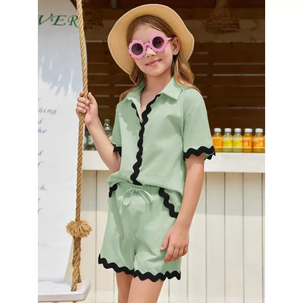 Haloumoning Girls' 2 Piece Clothing Sets Summer Short Sleeve Button Down T Shirt and Shorts Sweatsuits for 5-14 Years