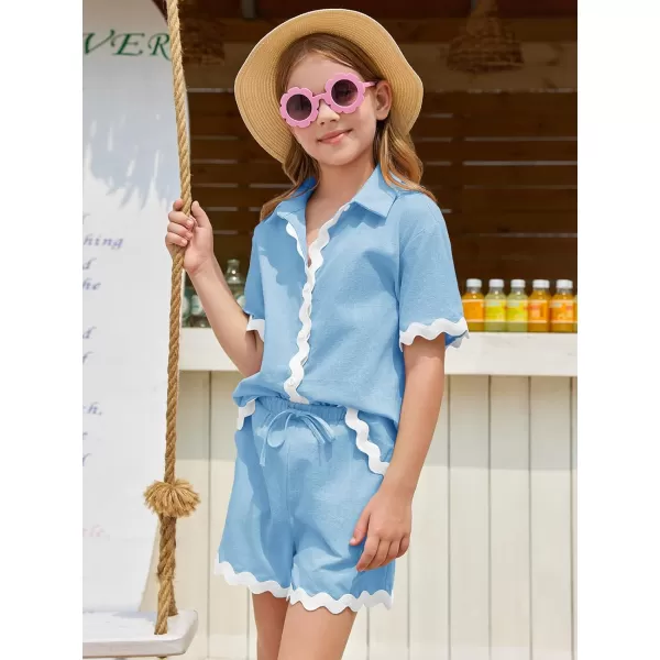 Haloumoning Girls' 2 Piece Clothing Sets Summer Short Sleeve Button Down T Shirt and Shorts Sweatsuits for 5-14 Years
