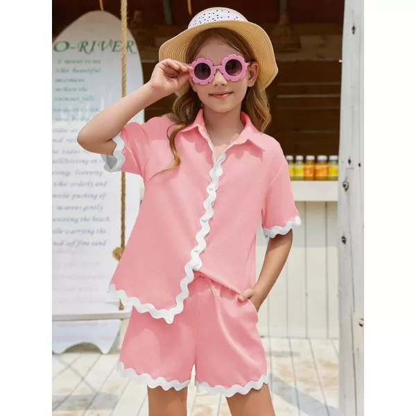 Haloumoning Girls' 2 Piece Clothing Sets Summer Short Sleeve Button Down T Shirt and Shorts Sweatsuits for 5-14 Years
