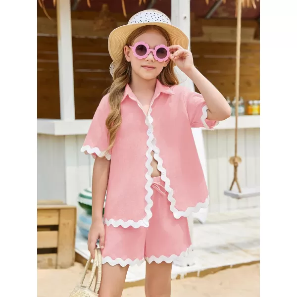 Haloumoning Girls' 2 Piece Clothing Sets Summer Short Sleeve Button Down T Shirt and Shorts Sweatsuits for 5-14 Years