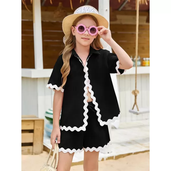 Haloumoning Girls' 2 Piece Clothing Sets Summer Short Sleeve Button Down T Shirt and Shorts Sweatsuits for 5-14 Years