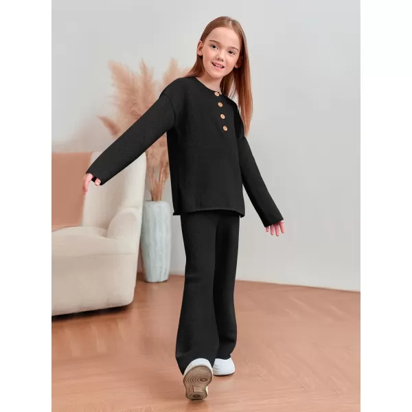 Haloumoning Girls 2 Piece Outfit Set Long Sleeve Button Knit Pullover Sweater Top and Wide Leg Pants Sweatsuit 5-14 Years