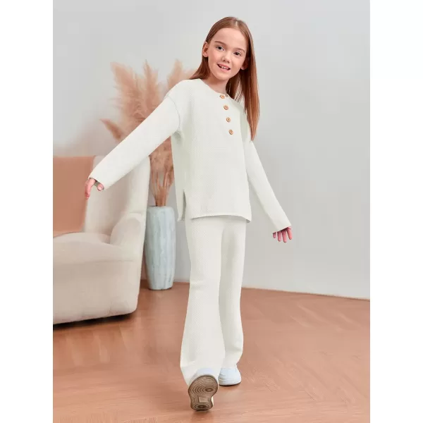 Haloumoning Girls 2 Piece Outfit Set Long Sleeve Button Knit Pullover Sweater Top and Wide Leg Pants Sweatsuit 5-14 Years