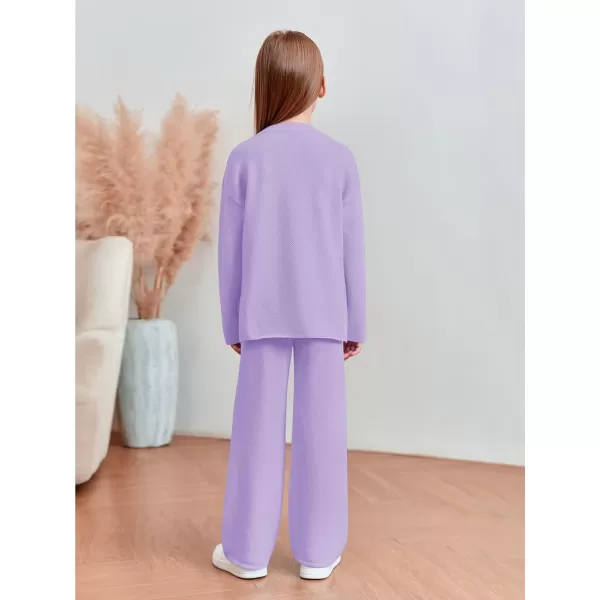 Haloumoning Girls 2 Piece Outfit Set Long Sleeve Button Knit Pullover Sweater Top and Wide Leg Pants Sweatsuit 5-14 Years