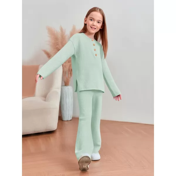 Haloumoning Girls 2 Piece Outfit Set Long Sleeve Button Knit Pullover Sweater Top and Wide Leg Pants Sweatsuit 5-14 Years