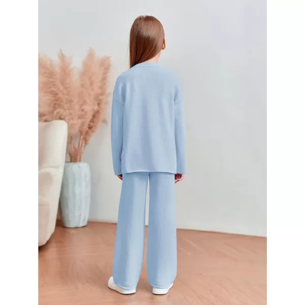 Haloumoning Girls 2 Piece Outfit Set Long Sleeve Button Knit Pullover Sweater Top and Wide Leg Pants Sweatsuit 5-14 Years