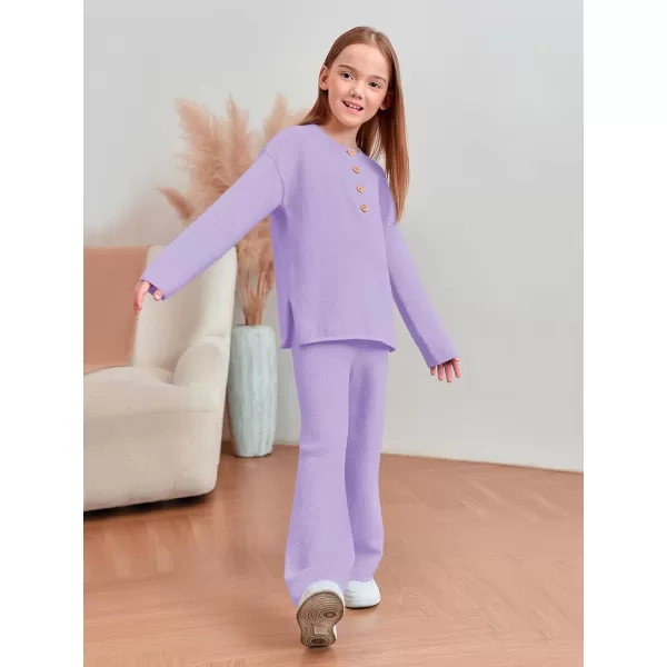 Haloumoning Girls 2 Piece Outfit Set Long Sleeve Button Knit Pullover Sweater Top and Wide Leg Pants Sweatsuit 5-14 Years