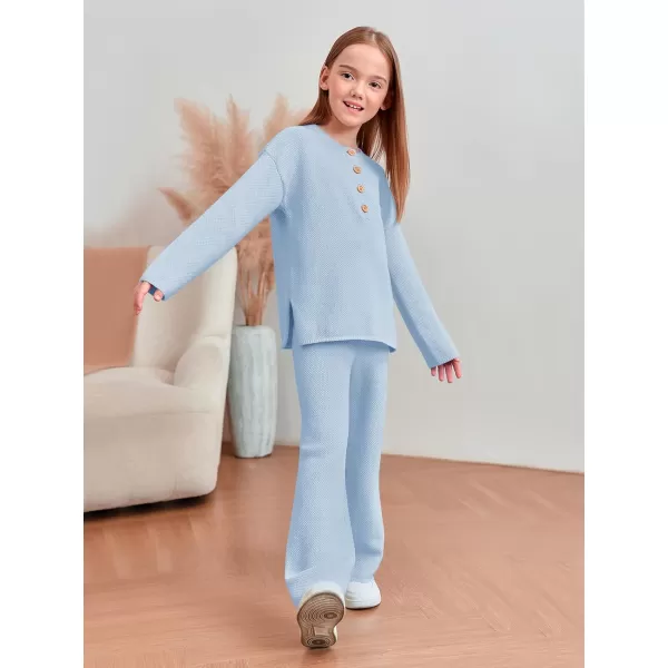 Haloumoning Girls 2 Piece Outfit Set Long Sleeve Button Knit Pullover Sweater Top and Wide Leg Pants Sweatsuit 5-14 Years
