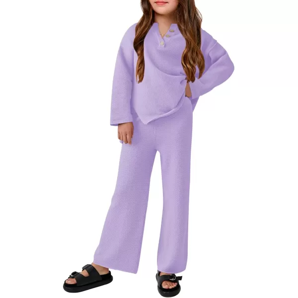 Haloumoning Girls 2 Piece Outfit Set Long Sleeve Button Knit Pullover Sweater Top and Wide Leg Pants Sweatsuit 5-14 Years