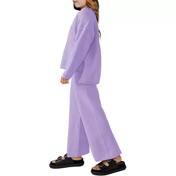 Haloumoning Girls 2 Piece Outfit Set Long Sleeve Button Knit Pullover Sweater Top and Wide Leg Pants Sweatsuit 5-14 Years