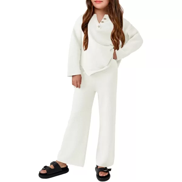 Haloumoning Girls 2 Piece Outfit Set Long Sleeve Button Knit Pullover Sweater Top and Wide Leg Pants Sweatsuit 5-14 Years
