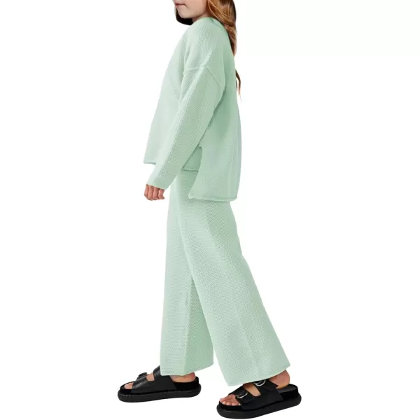Haloumoning Girls 2 Piece Outfit Set Long Sleeve Button Knit Pullover Sweater Top and Wide Leg Pants Sweatsuit 5-14 Years