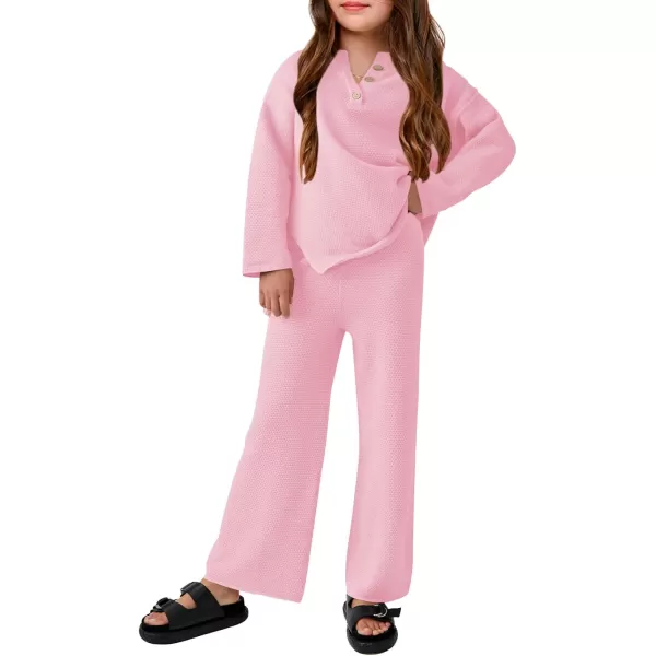 Haloumoning Girls 2 Piece Outfit Set Long Sleeve Button Knit Pullover Sweater Top and Wide Leg Pants Sweatsuit 5-14 Years