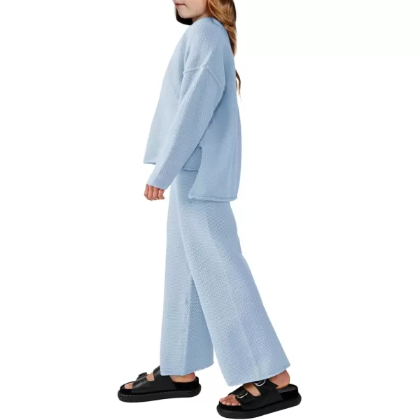 Haloumoning Girls 2 Piece Outfit Set Long Sleeve Button Knit Pullover Sweater Top and Wide Leg Pants Sweatsuit 5-14 Years