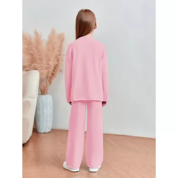 Haloumoning Girls 2 Piece Outfit Set Long Sleeve Button Knit Pullover Sweater Top and Wide Leg Pants Sweatsuit 5-14 Years