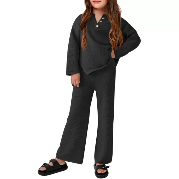 Haloumoning Girls 2 Piece Outfit Set Long Sleeve Button Knit Pullover Sweater Top and Wide Leg Pants Sweatsuit 5-14 Years