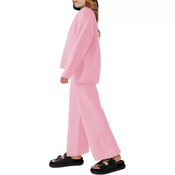 Haloumoning Girls 2 Piece Outfit Set Long Sleeve Button Knit Pullover Sweater Top and Wide Leg Pants Sweatsuit 5-14 Years