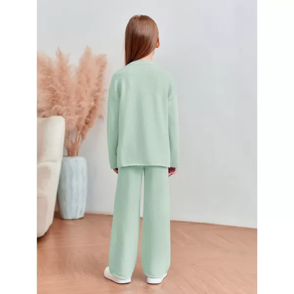 Haloumoning Girls 2 Piece Outfit Set Long Sleeve Button Knit Pullover Sweater Top and Wide Leg Pants Sweatsuit 5-14 Years