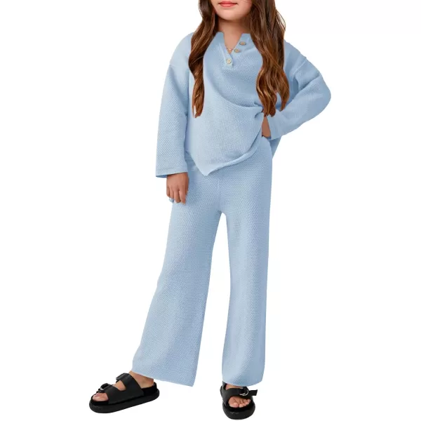 Haloumoning Girls 2 Piece Outfit Set Long Sleeve Button Knit Pullover Sweater Top and Wide Leg Pants Sweatsuit 5-14 Years