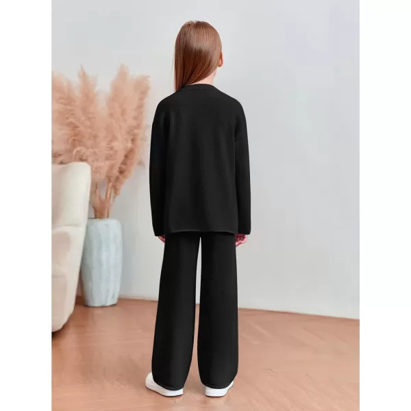 Haloumoning Girls 2 Piece Outfit Set Long Sleeve Button Knit Pullover Sweater Top and Wide Leg Pants Sweatsuit 5-14 Years