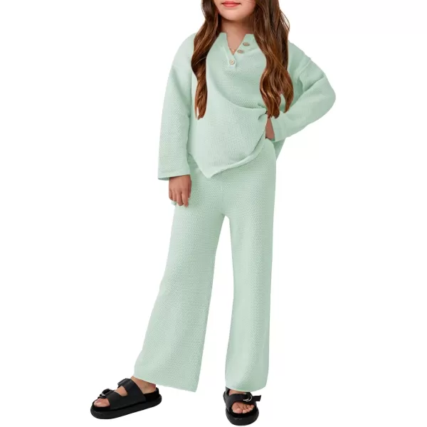 Haloumoning Girls 2 Piece Outfit Set Long Sleeve Button Knit Pullover Sweater Top and Wide Leg Pants Sweatsuit 5-14 Years